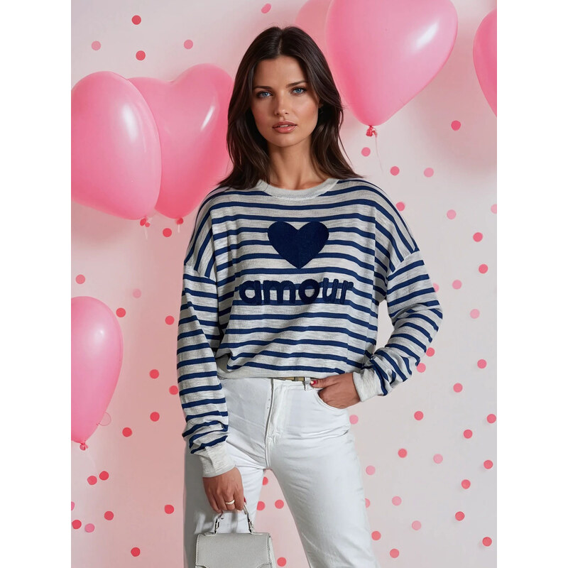 BASIC Modro-biely pruhovaný sveter so srdiečkom NOVES MY2321 49672020
