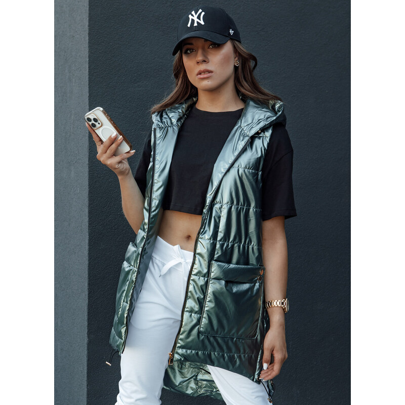 BASIC Tmavozelená lesklá prešívaná vesta s kapucňou JESS TY4454 57675117