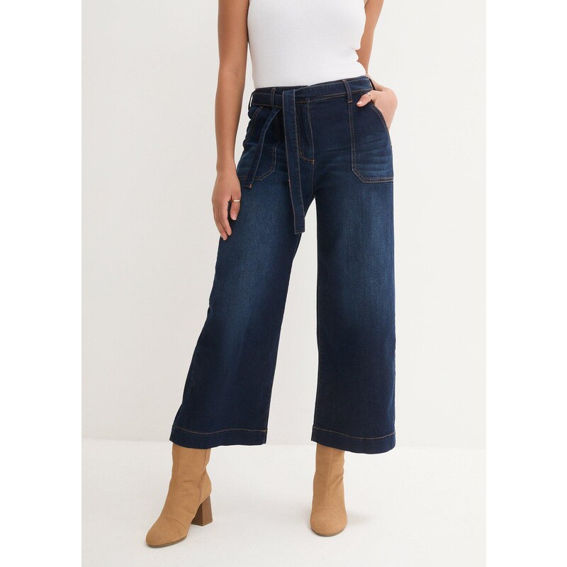 bonprix Široké džínsy, High Waist, pohodlný pás, cropped, farba modrá 44742364