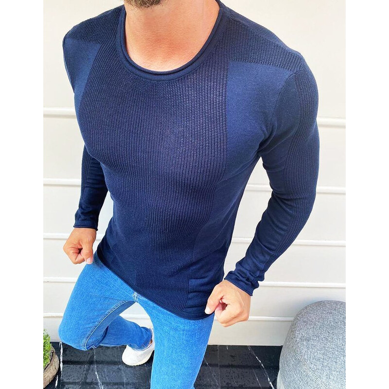 BASIC Tmavo modrý sveter s dvojakou textúrou úpletu WX1586 20328569