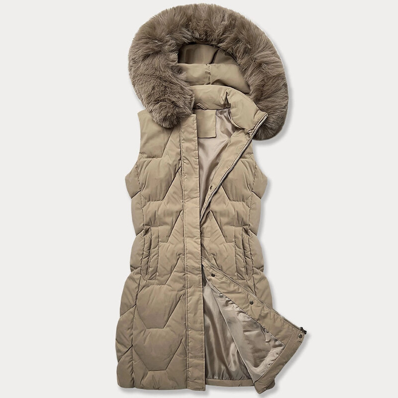 Dámska bunda bez rukávov s kožušinou na kapucni J Style béžová 62339844
