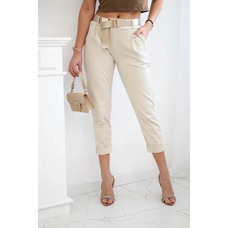 K-Fashion Nohavice Puntor s opaskom svetlo béžové 62368626