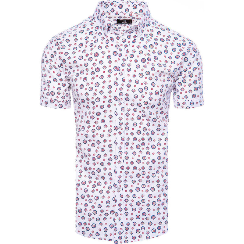 BASIC Biela pánska košeľa s krátkym rukávom a červenou potlačou KX1021 43298126