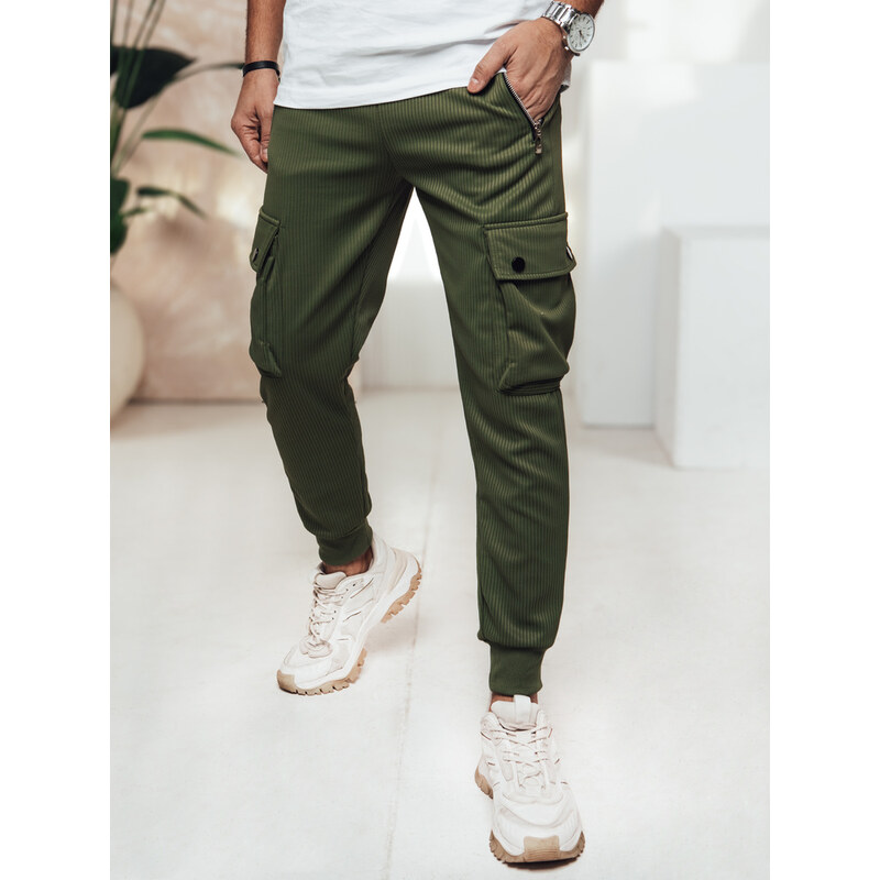 BASIC Tmavozelené pánske cargo nohavice s elastickým pásom UX4460 62391384