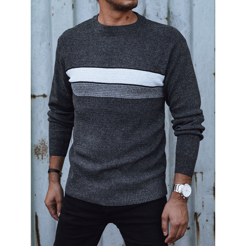 BASIC Pánsky tmavosivý sveter s pruhmi na hrudi WX2210 57893355