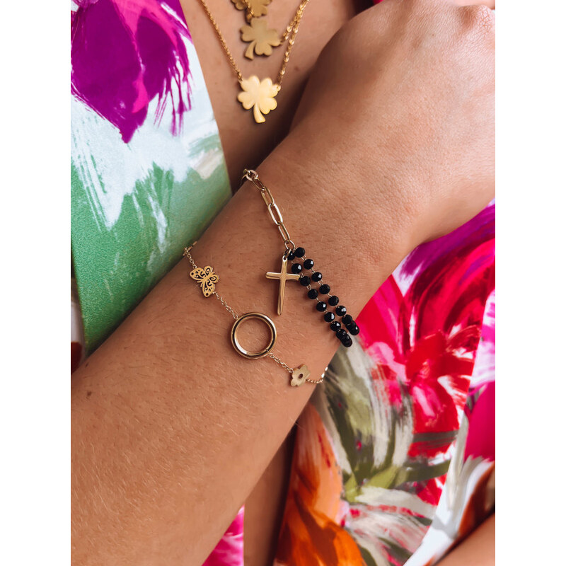 BASIC Čierno-zlatý korálkový náramok s krížikom HESSA LY0104 43548833