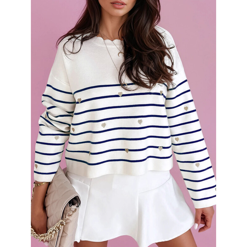 BASIC Bielo-modrý pruhovaný sveter so srdiečkami VELORIA MY2028 45716022