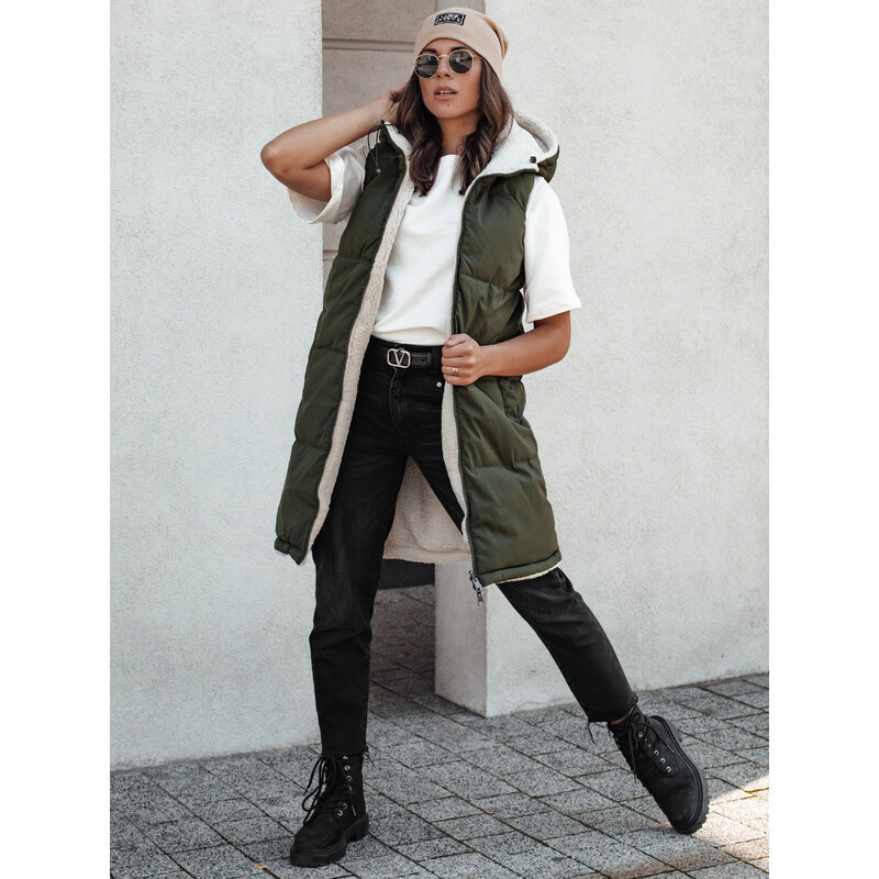 BASIC Tmavozelená dlhá dámska prešívaná vesta s kapucňou COSYVIVA 58168195