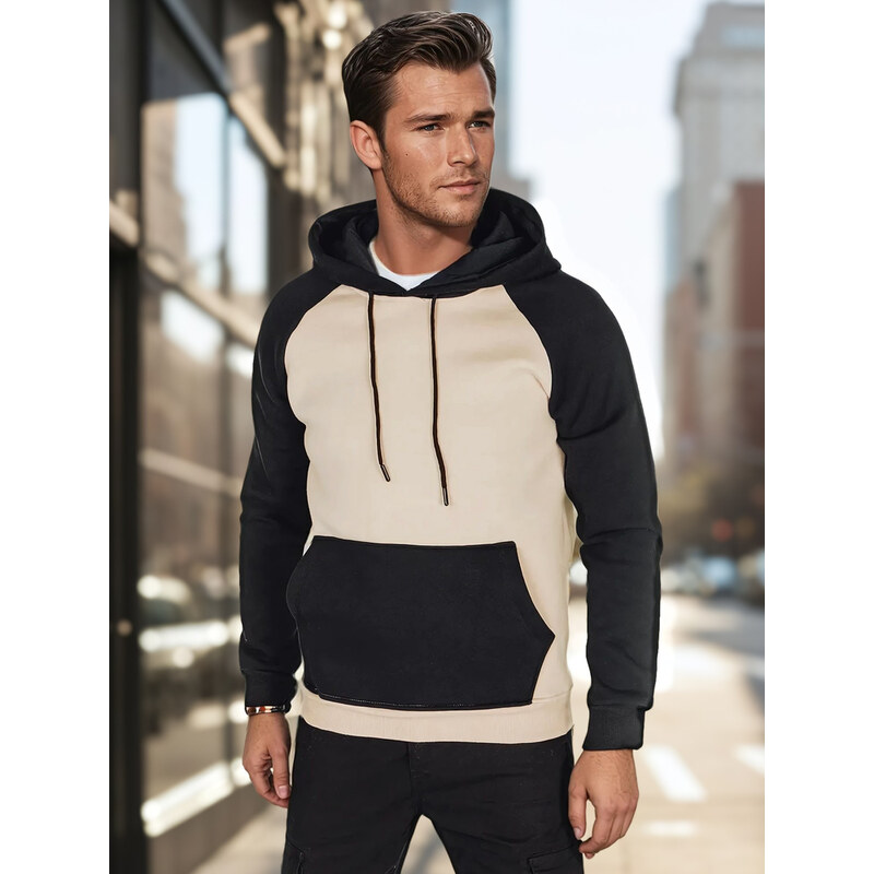 BASIC Béžovo-čierna pánska pohodlná mikina s klokaním vreckom BX5890 62516764