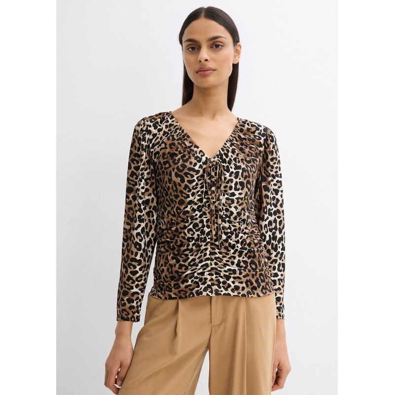 bonprix Tričko s dlhým rukávom a nariasenými detailmi, farba béžová 62471179