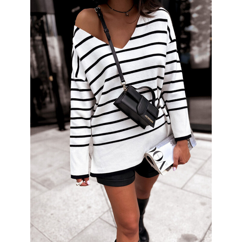 BASIC Biely pruhovaný oversize sveter HECATE MY2017 47338646