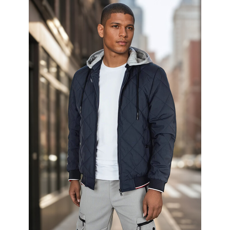 BASIC Pánska tmavomodrá prechodná prešívaná bunda s kapucňou TX5012 62537960