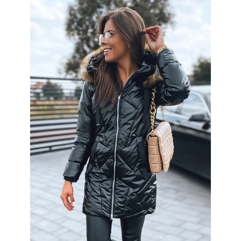 BASIC Čierna lesklá dlhá bunda ROYAL TY2948 35154880