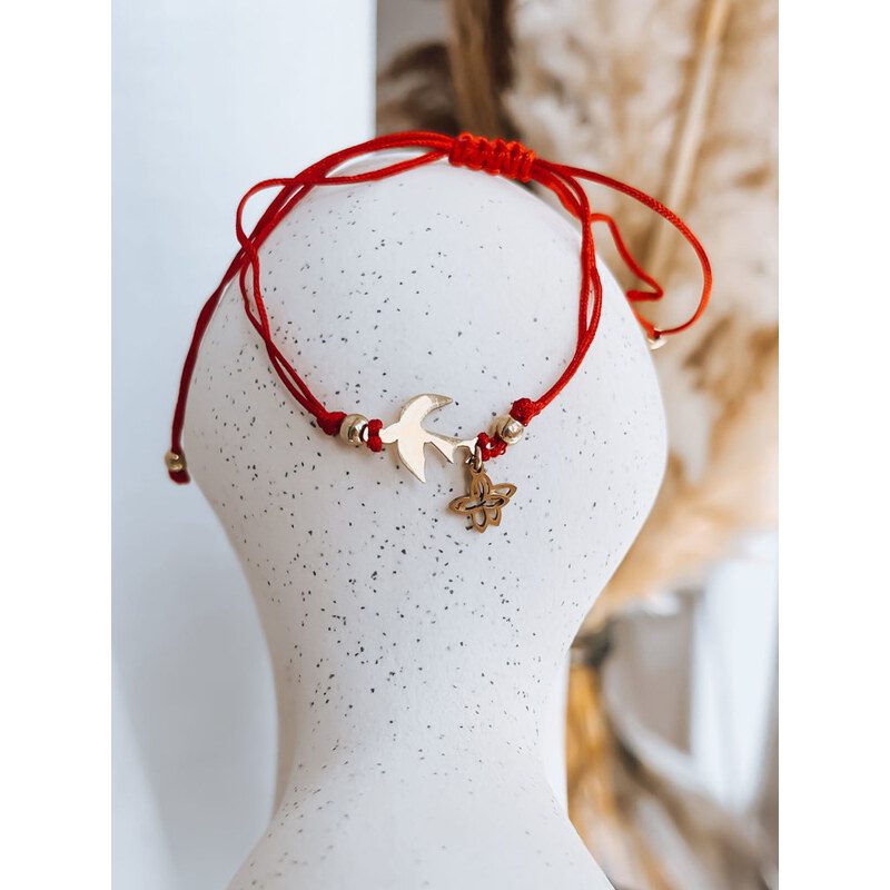 BASIC Červený náramok HEARTBEAT s vtáčikom a kvetinkami LY0071 43017039