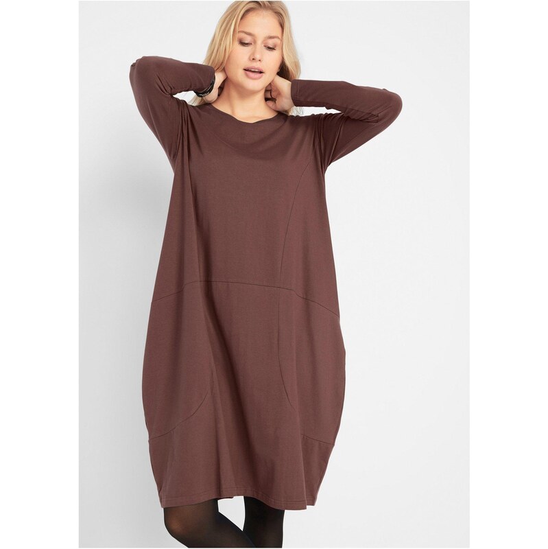 bonprix Bavlnené úpletové šaty, O strih, farba hnedá 60418102