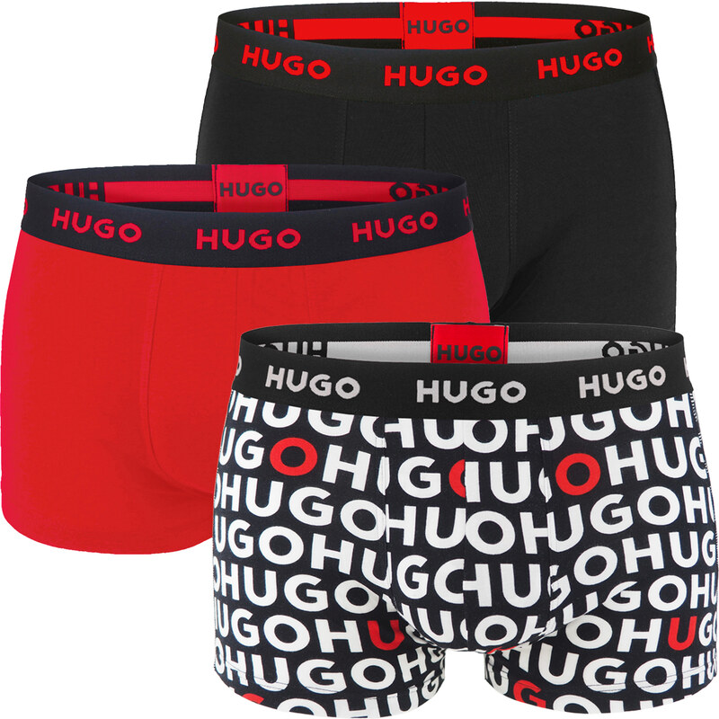 HUGO - boxerky 3PACK cotton stretch modern black & red color / logo 62593826
