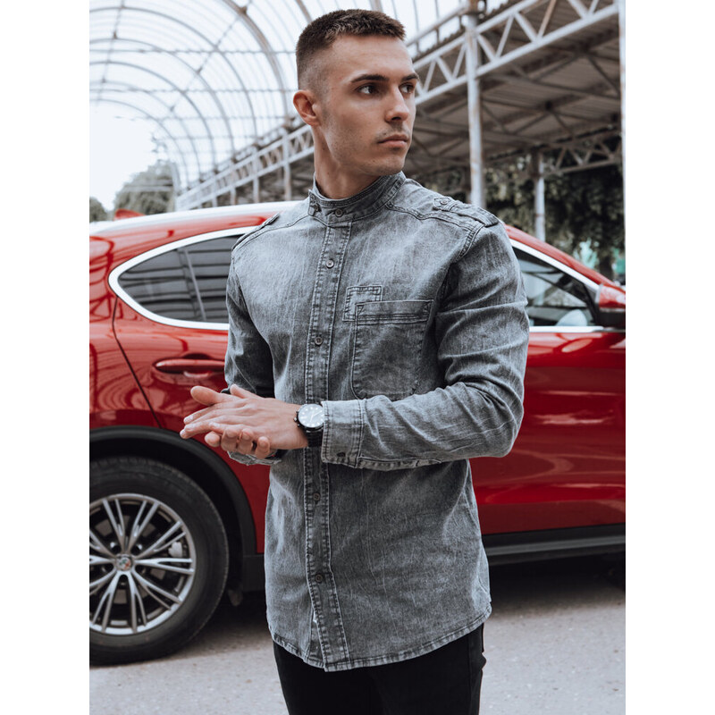 BASIC Sivá pánska džínsová košeľa so stojačikom DX2585 53205177