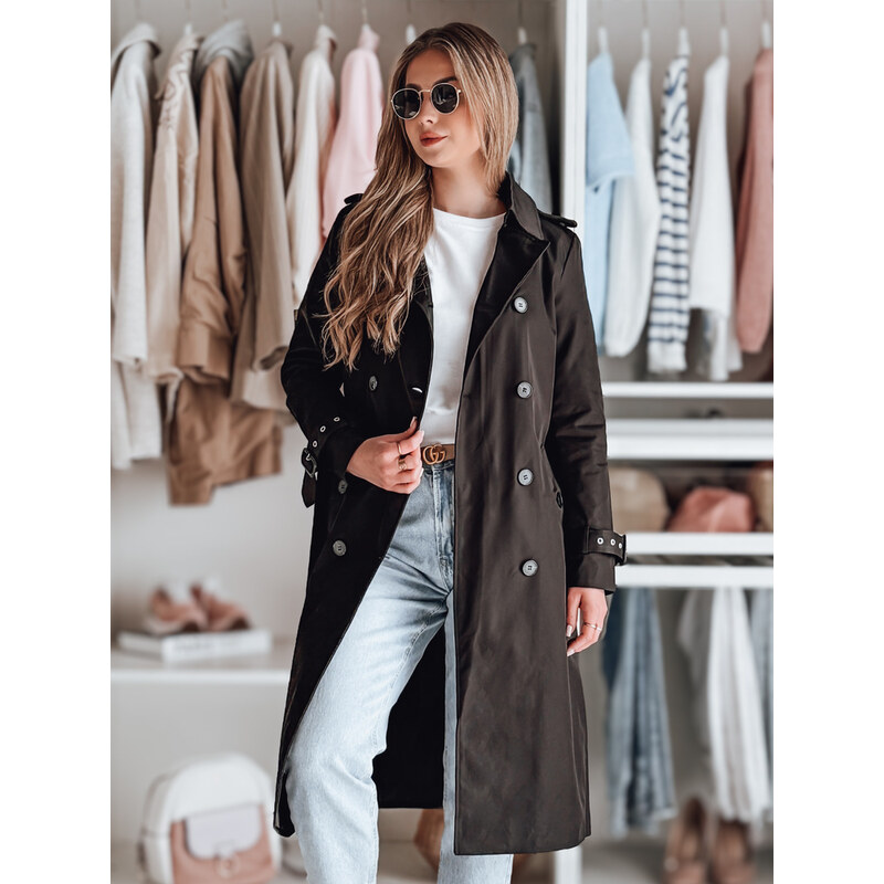 BASIC Čierny dlhý trenčkot s pásikom SLIMFOTA NY0747 62600428