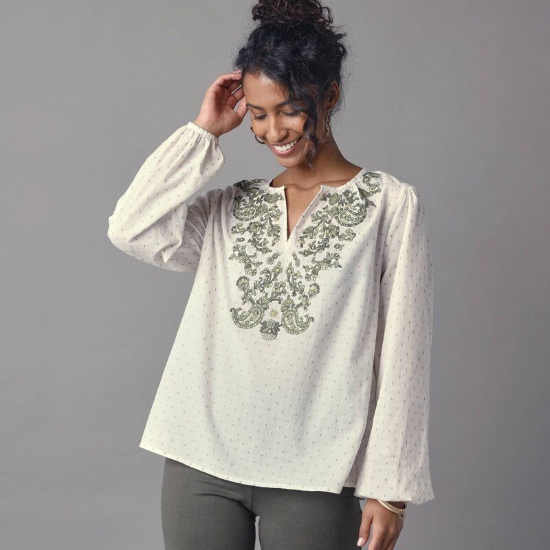 Blúzka s výšivkou a nezberanými rukávmi ražná/khaki 040 Blancheporte 62625400