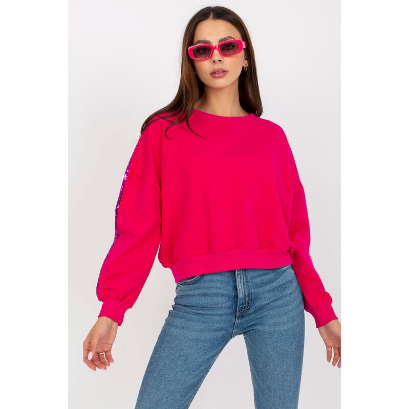 MladaModa Krátka mikina s flitrami na rukávoch model 06788 fuksiová 62639605