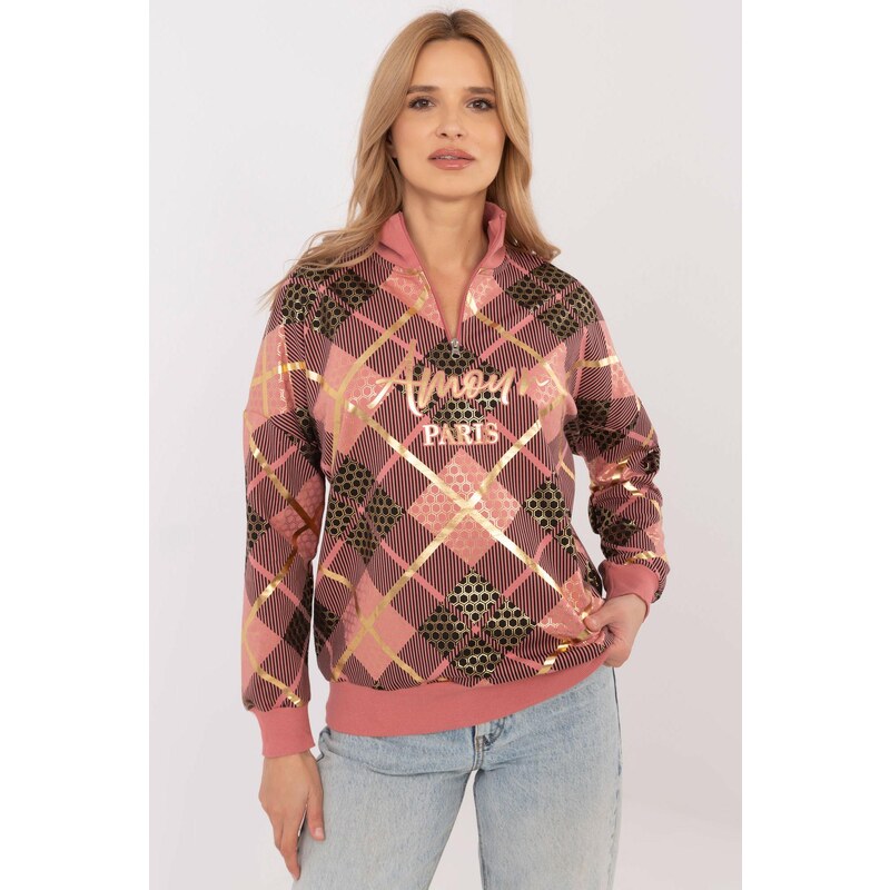 MladaModa Károvaná mikina so zipsom v dekolte model 25959 staroružová 62701956