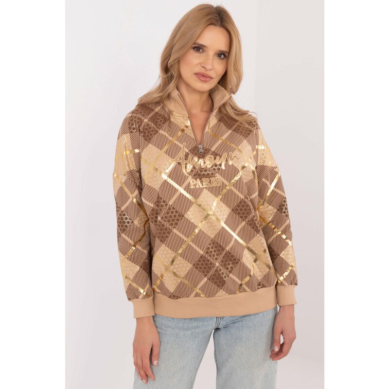 MladaModa Károvaná mikina so zipsom v dekolte model 25959 farba camel 62701957