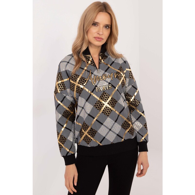 MladaModa Károvaná mikina so zipsom v dekolte model 25959 čierna 62701958