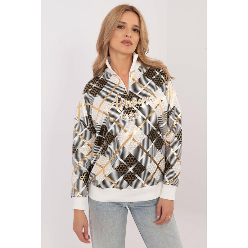 MladaModa Károvaná mikina so zipsom v dekolte model 25959 farba ecru 62701959