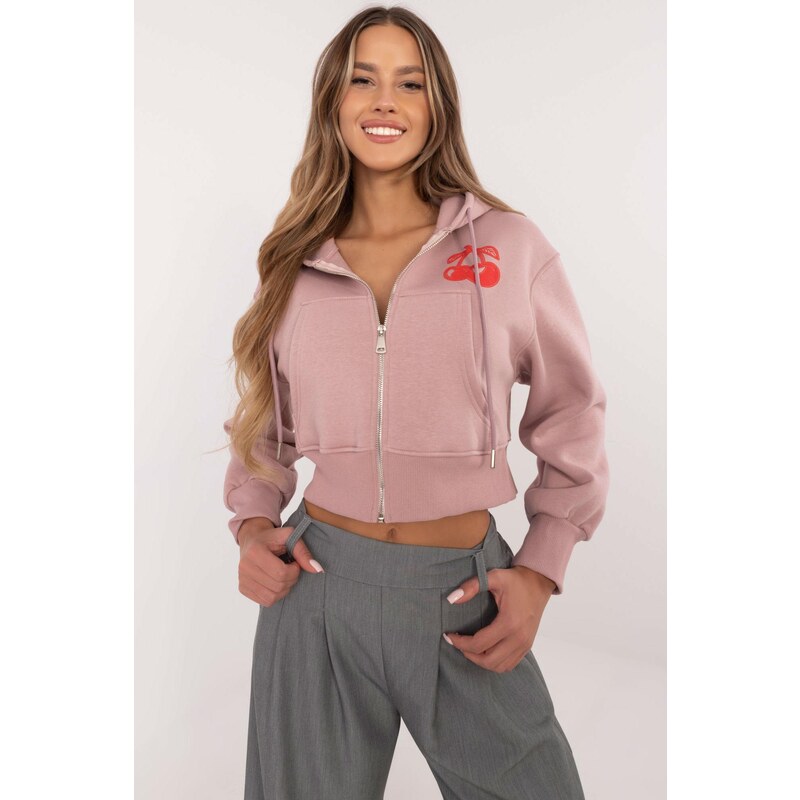 MladaModa Krátka mikina na zips s potlačou model 33102 pudrovo ružová 62701996