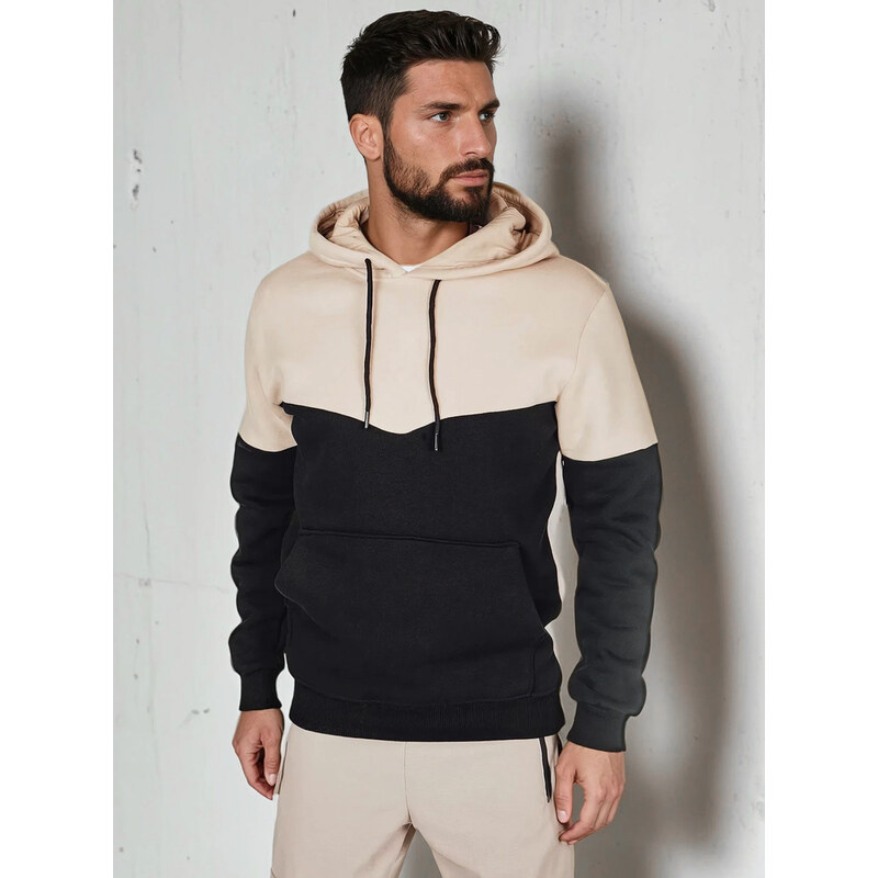 Béžovo-čierna pánska basic mikina s kapucňou BX5880 62702021