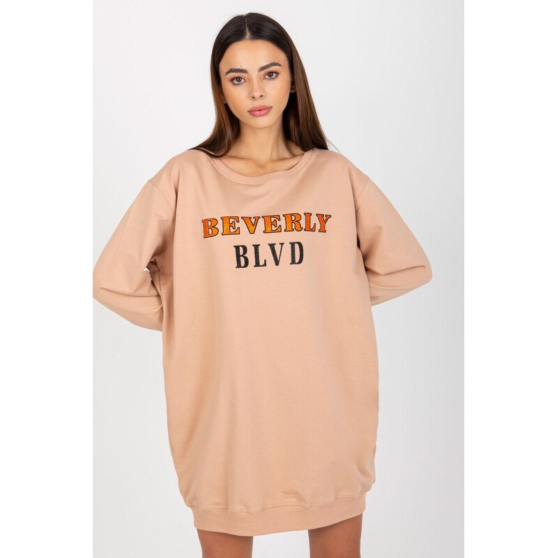 MladaModa Predĺžená mikina s nápisom model 07564 béžová 62703675