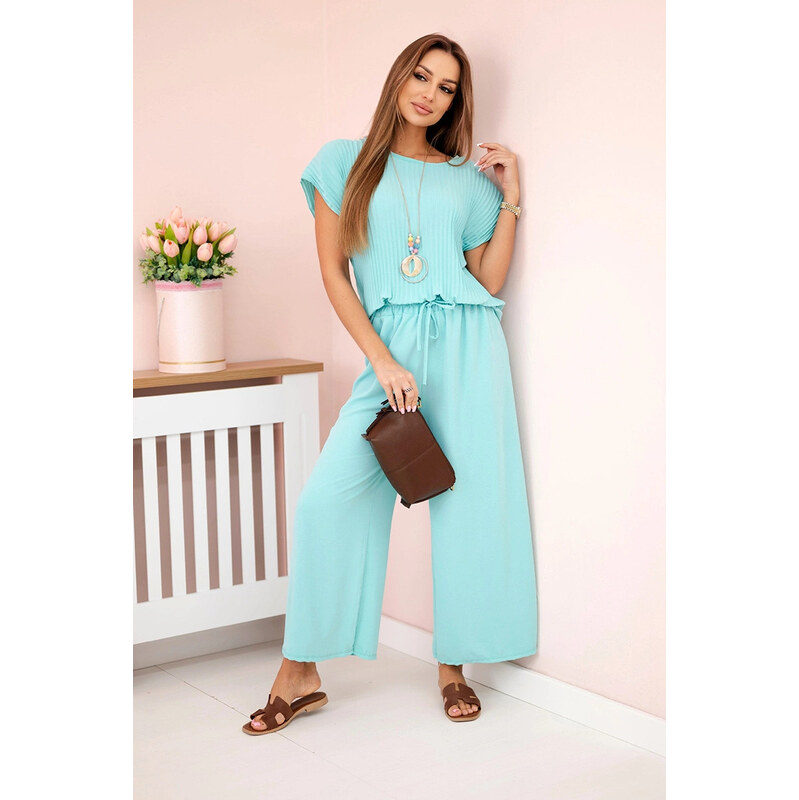 K-Fashion Viskózový set plisovaná blúzka + nohavice mätová 62725773