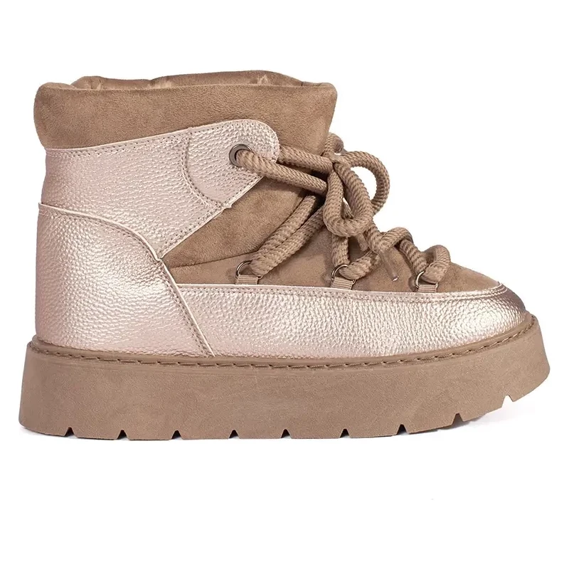 Shelvt Beige lace-up womens snow boots with a thick sole 64785010