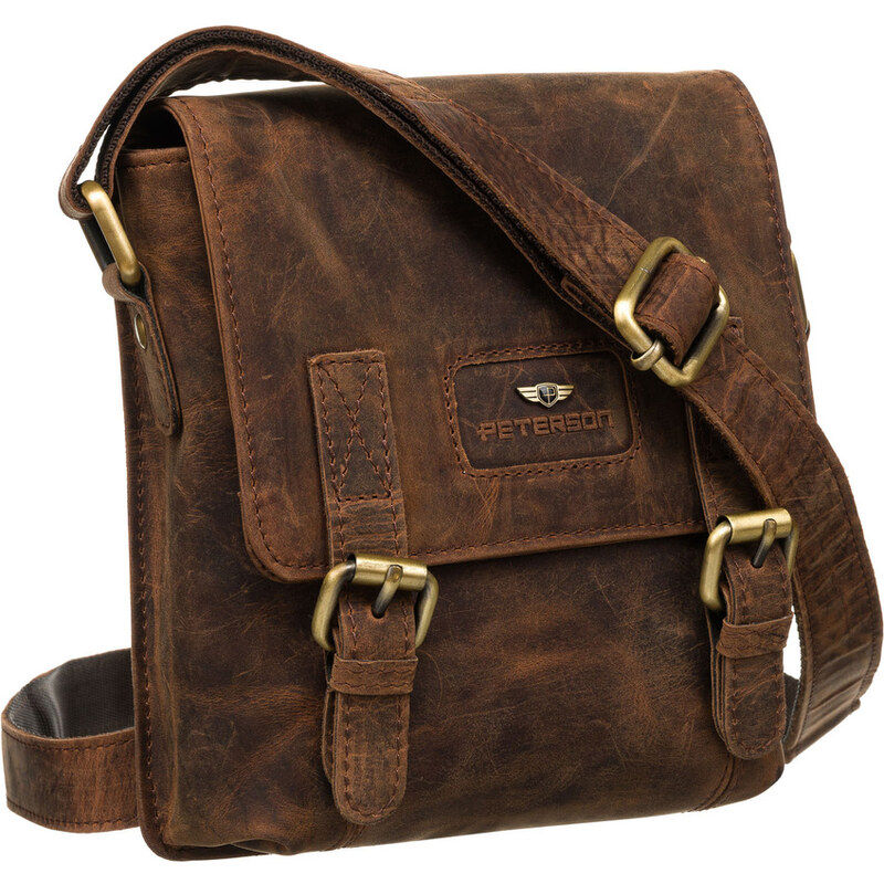 Pánska hnedá kožená messenger taška so zipsom a patentkami - Peterson 62741795
