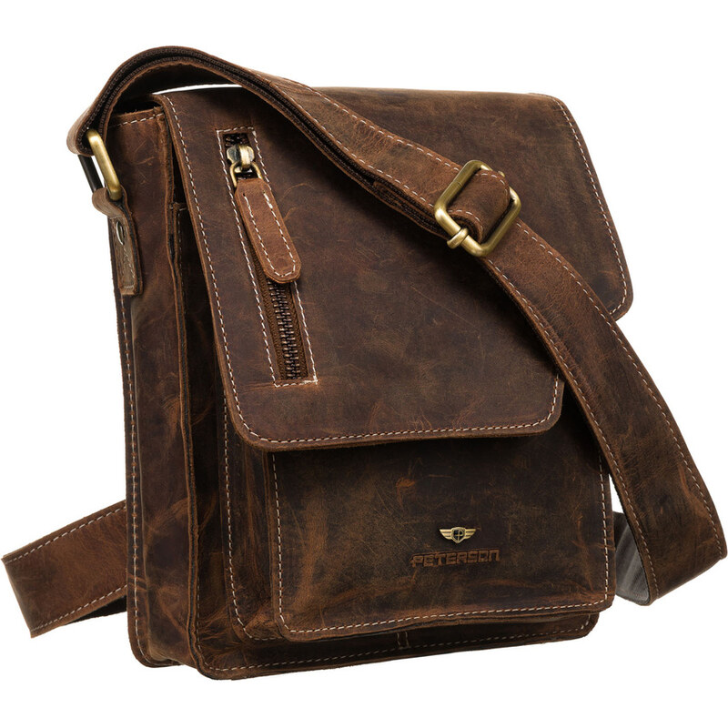 Pánska hnedá kožená messenger taška so zlatým kovaním - Peterson,skl. 62741801