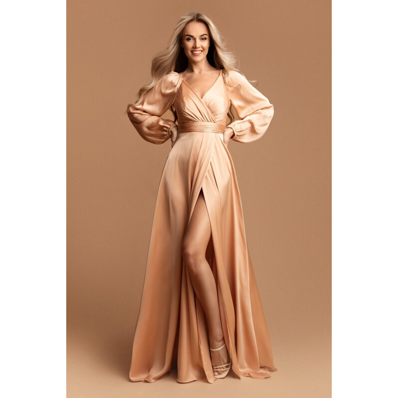 miadresses.sk Zlaté saténové šaty s rozparkom 62751594