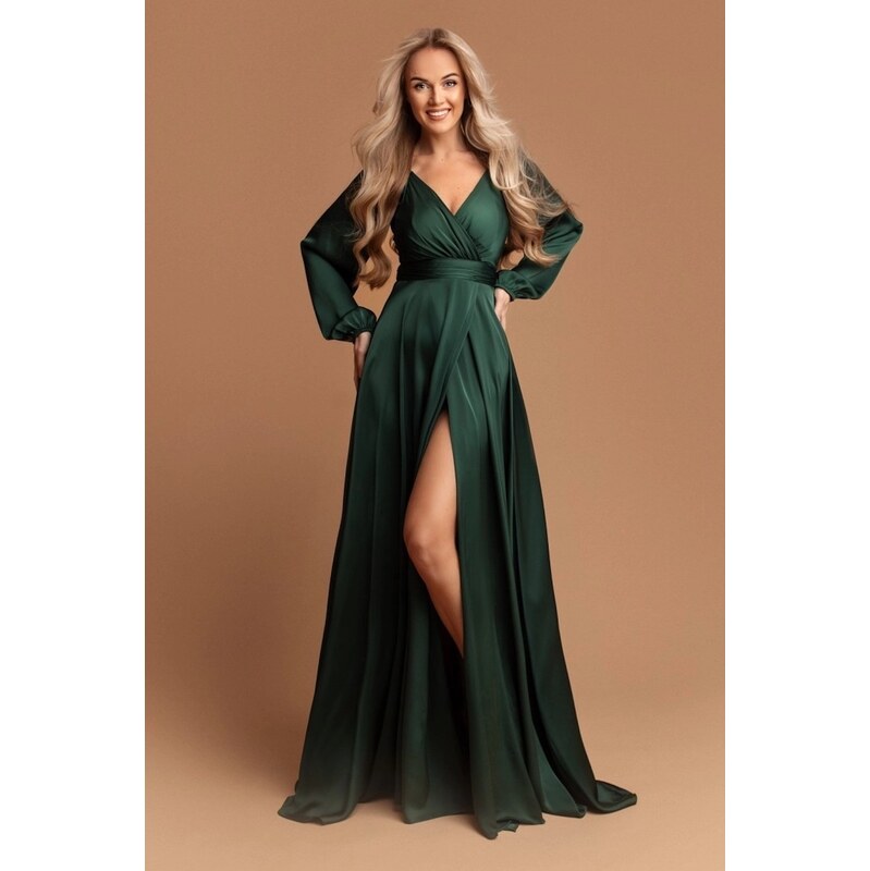 miadresses.sk Smaragdové saténové šaty s rozparkom 67280272