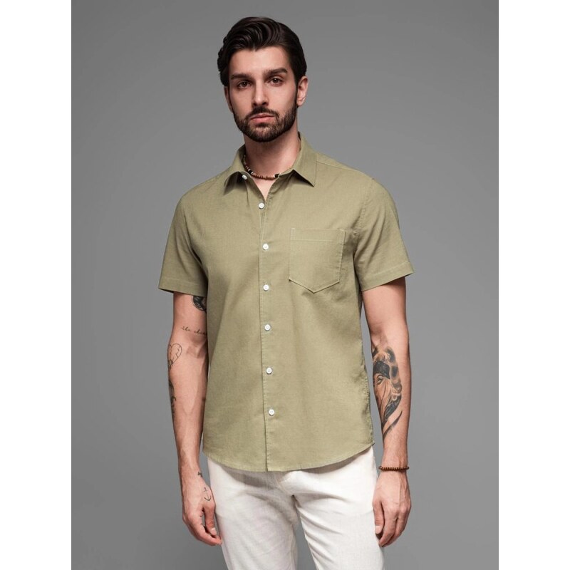 Ombre Clothing Ležérna olivová pánska košeľa V6 shss-0167 63762224