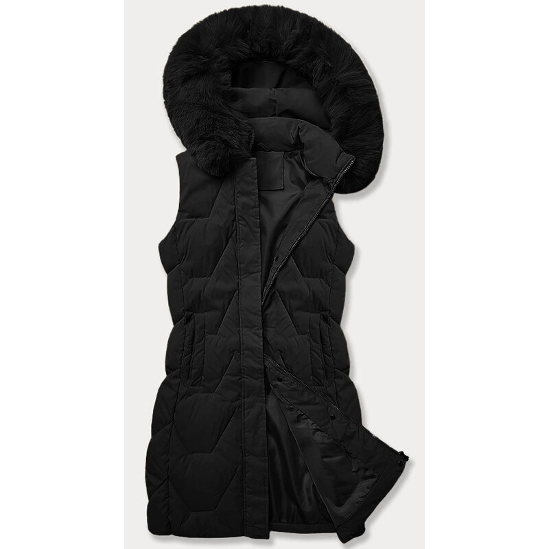 Dámska bunda bez rukávov s kožušinou na kapucni J Style čierna 62769692