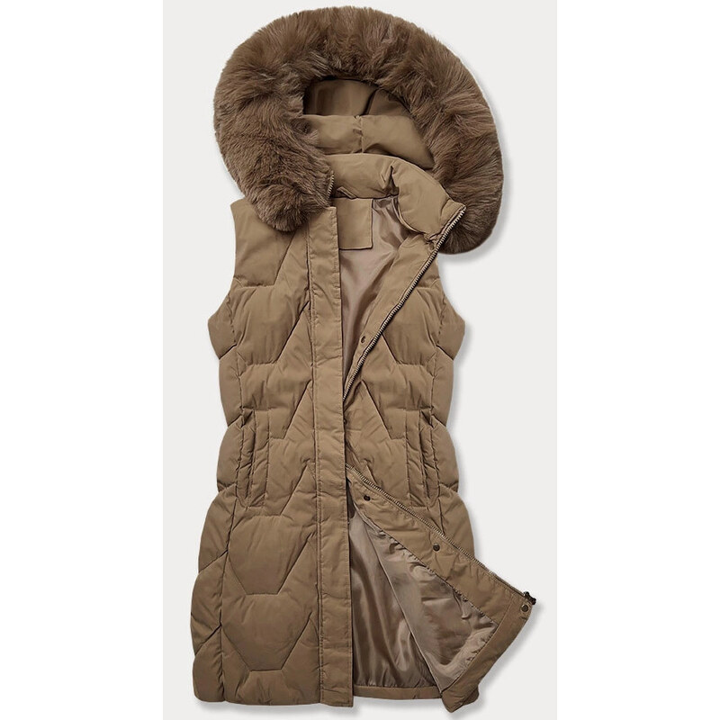 Dámska bunda bez rukávov s kožušinovou kapucňou J Style Dark Beige 62769694