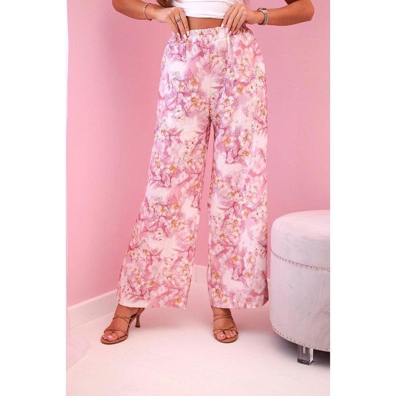 MladaModa Široké nohavice s kvetinovou potlačou model 5761 ružové 63034330