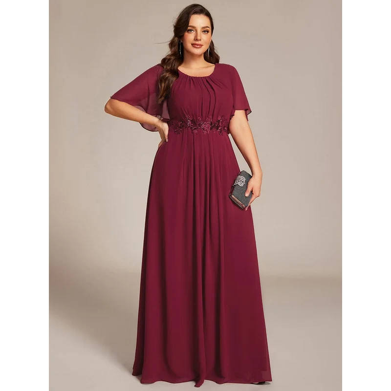 (veľ. 46) Dlhé šaty s ozdobou a krátkymi rukávmi vínovočervené 67302937