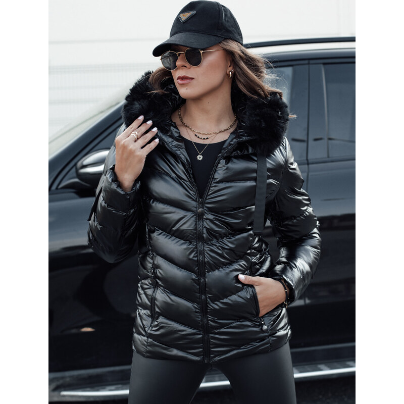 BASIC Čierna lesklá prešívaná bunda s kožušinou MIRIAL TY4574 57275349