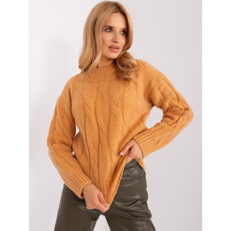 BASIC Horčicový sveter s vrkočovým vzorom AT-SW-0146.10P-yellow 47338228