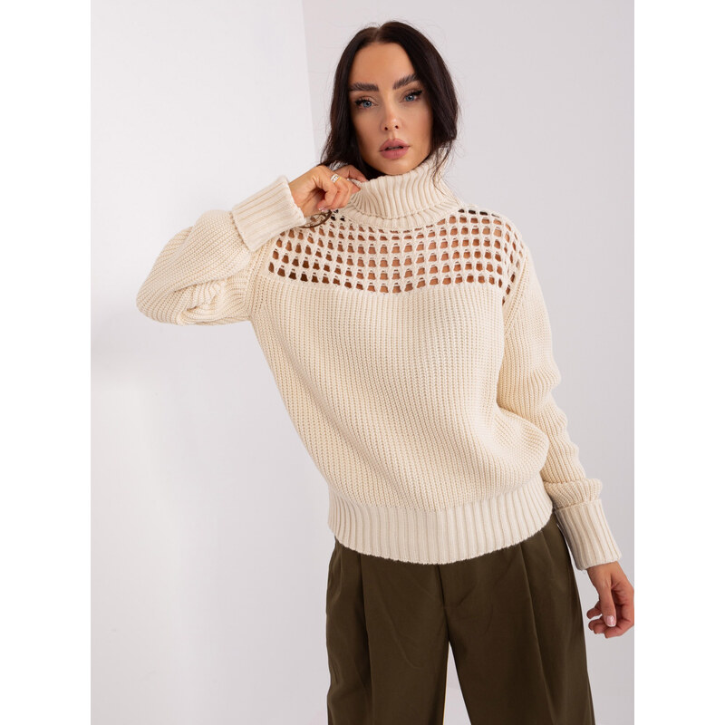 BASIC Svetlobéžový dierovaný sveter s rolákom -TO-SW-1909.11X-svetlo 46210250