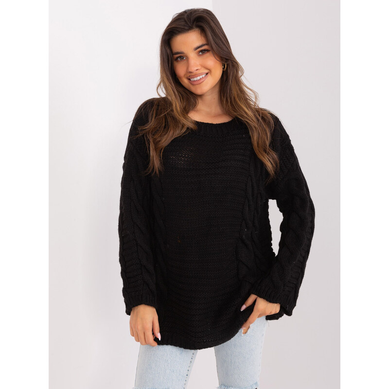 BASIC Čierny dlhší sveter s vrkočovým vzorom BA-SW-8047.92P-black 47338375