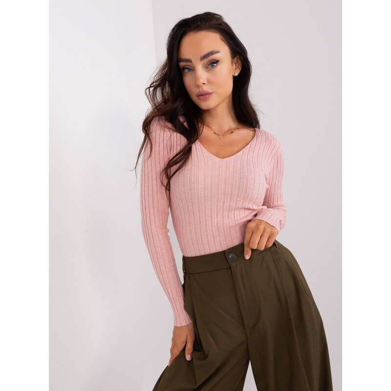 BASIC Svetloružový rebrovaný klasický sveter PM-SW-PM1088.25-light 47338234