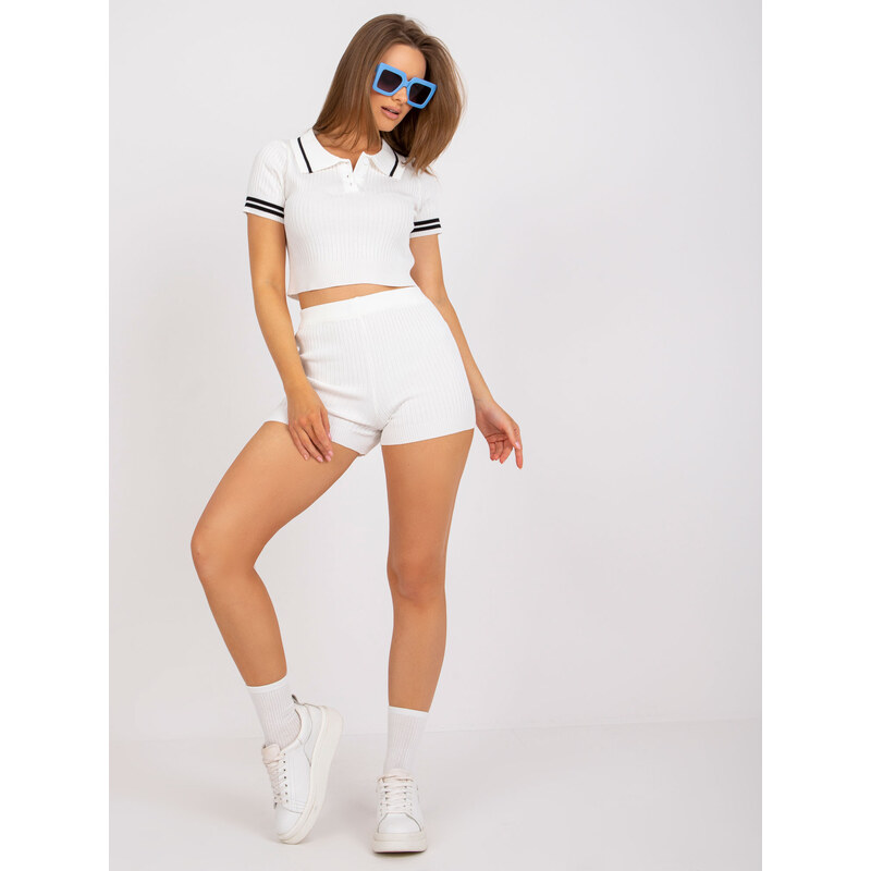 BASIC Smotanový rebrovaný komplet šortiek a blúzky s golierom -EM-KMPL 32323197