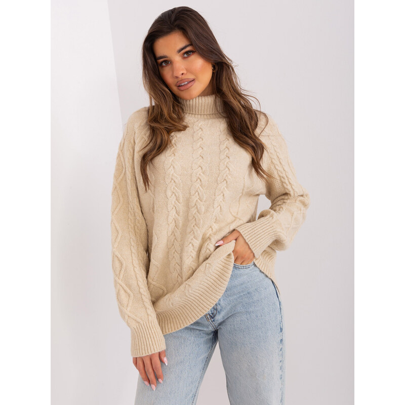 ITALY MODA Béžový rolák s vrkočovým vzorom AT-SW-2355-2.12P-beige 57954871