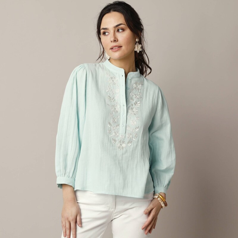 Blúzka s výšivkou z dvojitého mušelínu zelená/ražná 054 Blancheporte 62884802